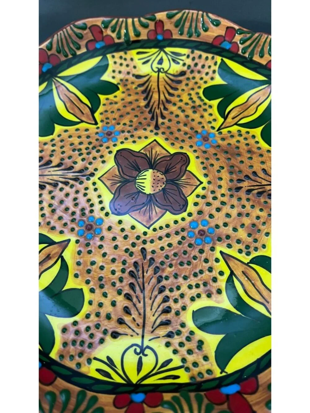 Hand-Painted Mexican Ceramic Scalloped Platter With Floral Design